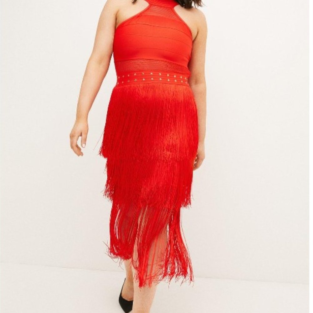 Plus Size Cut Out Fringed Bandage Knit Midi Dress